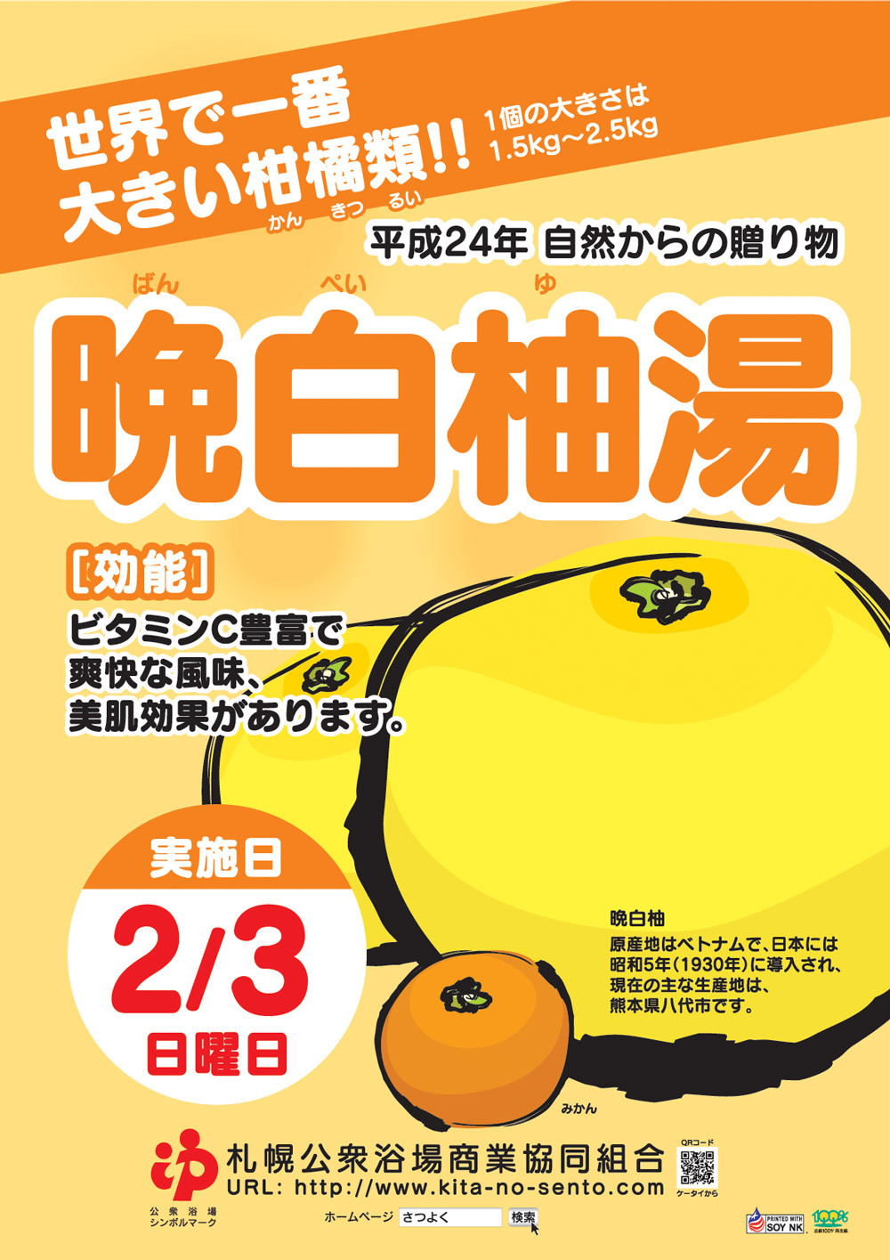 2月のふれあい入浴は　＊晩白柚の湯＊　自然からの贈り物