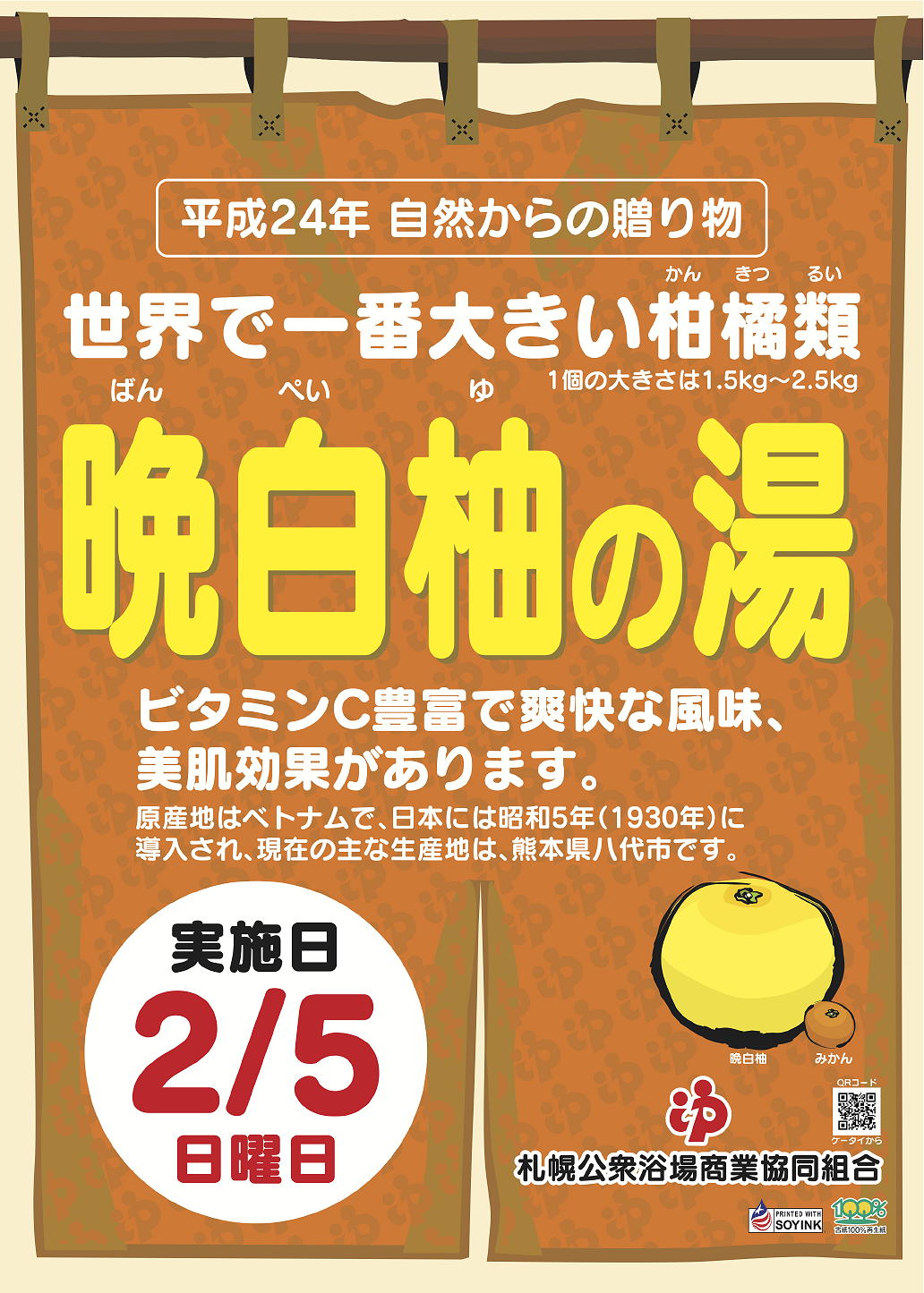 自然からの贈り物　〜　２月５日（日）世界で一番大きい柑橘類、晩白柚の湯です！